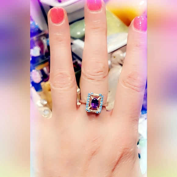 Turquoise & Amethyst Sterling Silver  Gemstone Ring - Picture 2 of 3